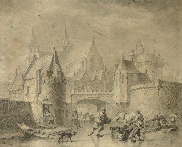 Skaters on the ice near a town-wall