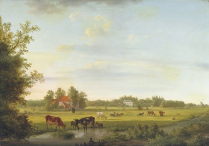 Animals in the pasture with a mansion beyond