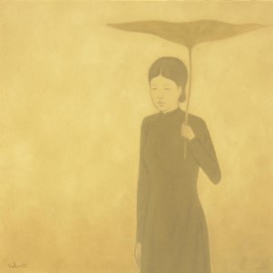 Woman with lotus leaf
