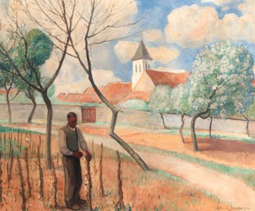 A farmer in a field, a church beyond