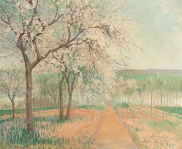 Blossoming trees near a lake