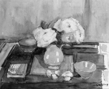 A still life with flowers in a vase and two bowls