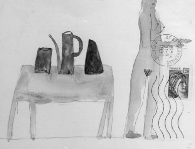 A nude next to a table