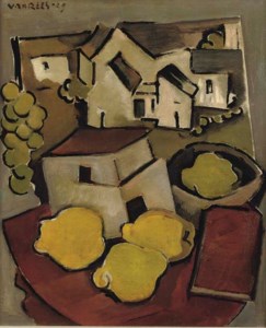 Stilleven met kweeperen, maquette en huizengroep - A still life with quince pears, model and a village