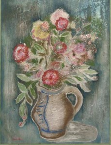 A still life with flowers in a blue and white vase