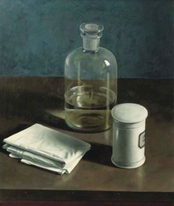 A still life with a bottle and a pharmacy jar