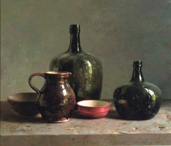 A still life with green bottles, a jug and a red enamel dish