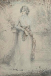 Portrait of a lady, small full-length, standing before a balustrade