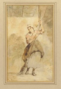In den stal: a maid with a broom