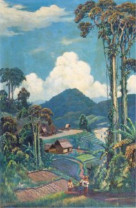 Indonesian landscape with figures, ox-carts in the distance