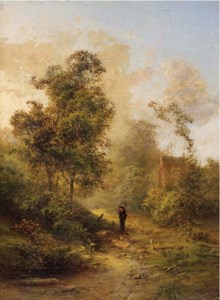 A hunter walking on a forest path