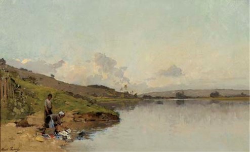 Paysage Vallonné avec des personages auprès d'un Lac