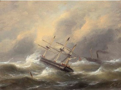 Sailing ships in stormy weather