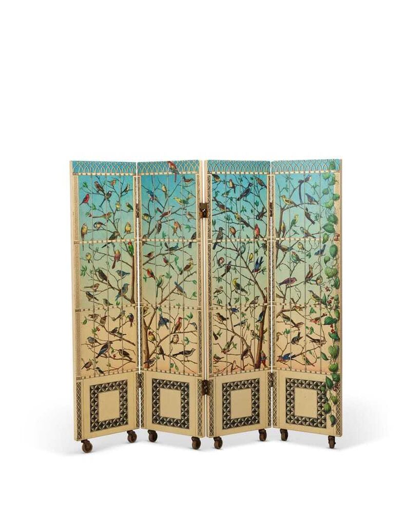 Paravent À Quatre Feuilles 'uccelli/oggetti Su Legno', Vers 1950