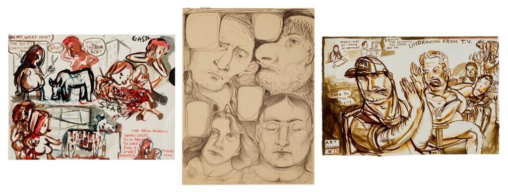 Nicole Eisenman, (i) Riot at the Degenerate Art Show II; (ii) Untitled; (iii) Life Drawing from T.V.