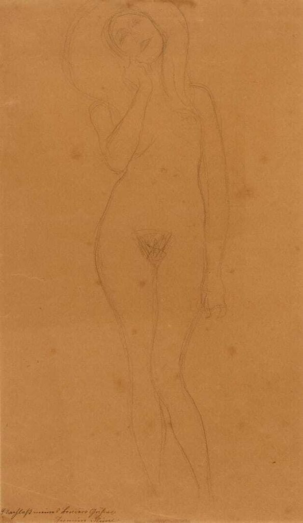 Gustav Klimt, Stehender Frauenakt mit erhobenem rechtem Arm, Studie für "Veritas" im Fakultätsbild "Die Jurisprudenz"