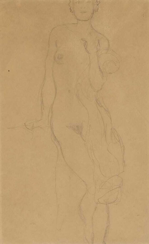 Gustav Klimt, Angelehnter, sich aufstützender Frauenakt, Studie im Zusammenhang mit dem Gemälde "Die Freundinnen"