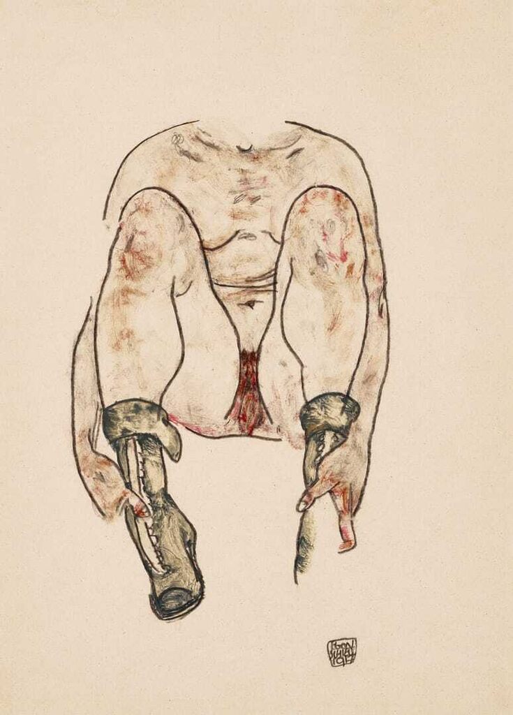 Egon Schiele, Sitzender weiblicher Akt mit grünen Stiefeln (Torso)