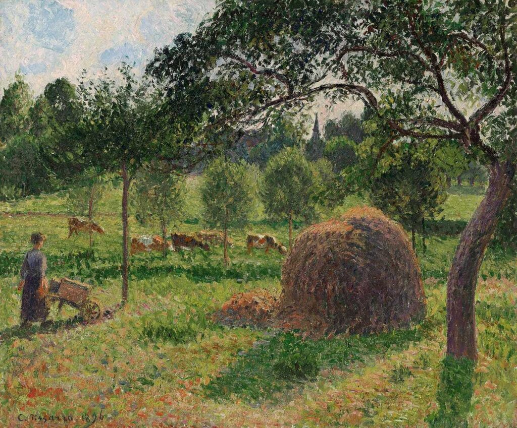 Camille Pissarro, Meule et vaches dans le pré à Eragny, soleil couchant