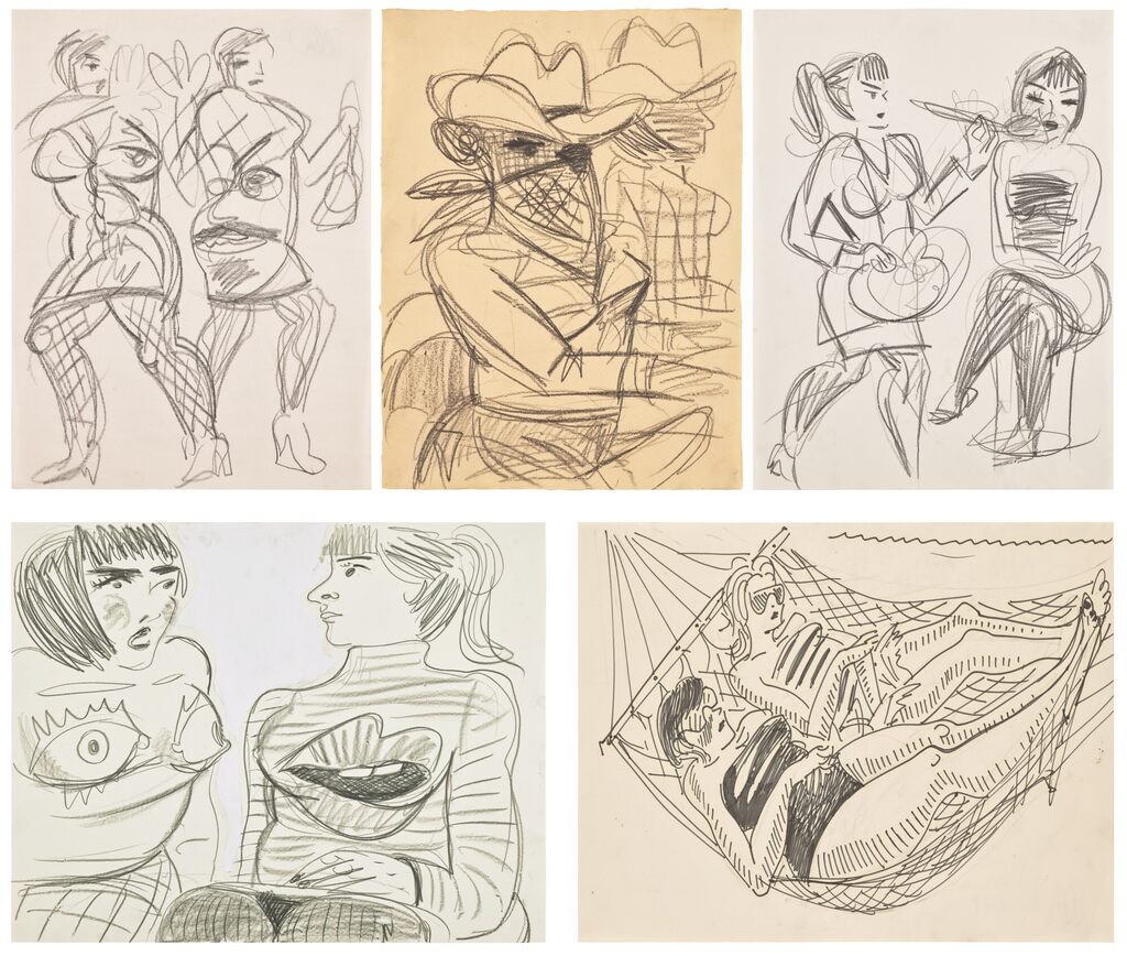 Five works: (i, iii) Untitled; (ii) Untitled (Cowgirls); (iv) Untitled (drawing for Lemons & Lips); (v) Untitled (Hammock Girls)