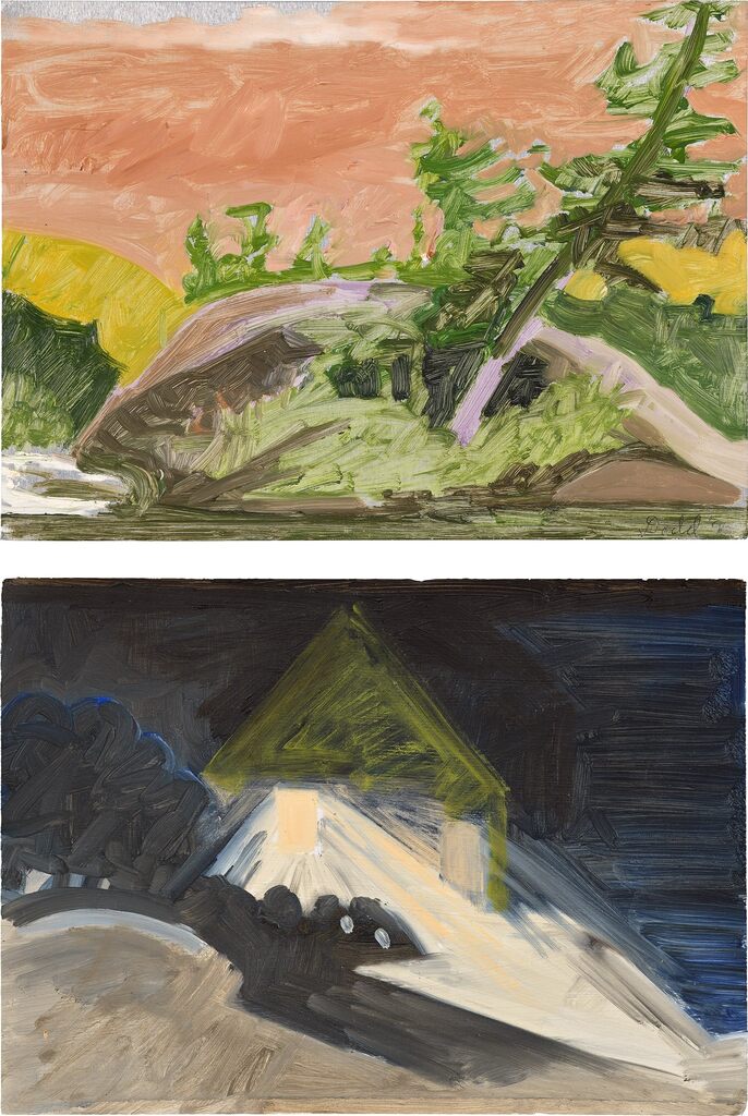 Two works: (i) Poland's House in Fog; (ii) Boulder and Tree