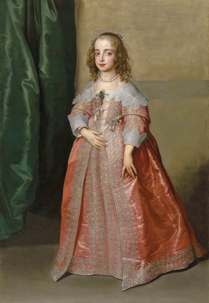 Anthony van Dyck, Portrait of Princess Mary (1631–1660), daughter of King Charles I of England, full-length, in a pink dress decorated with silver embroidery and ribbons