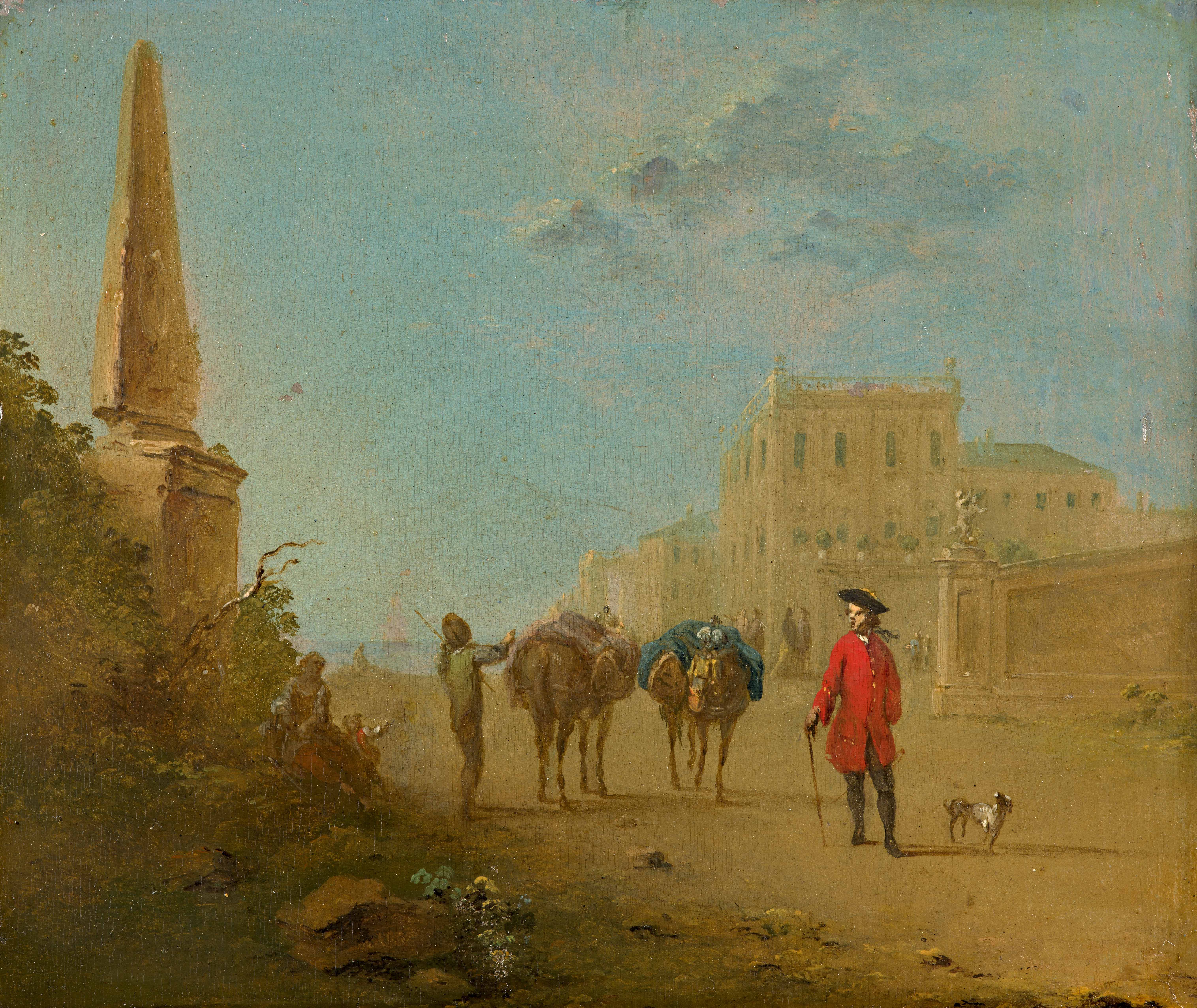 Gentilhomme et son chien devant un palais en bord de mer