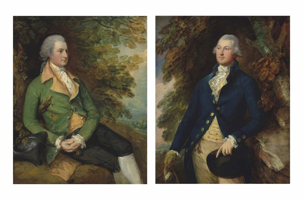 Thomas Gainsborough, Portrait of Thomas Brooke (?1755-1820), three-quarter-length, in a green frock coat, resting by a tree in wooded landscape; and Portrait of Sir Richard Brooke, 5th Bt. (1753-1795), three-quarter-length, in a yellow striped waistcoat and blue frock coat, in a wooded landscape
