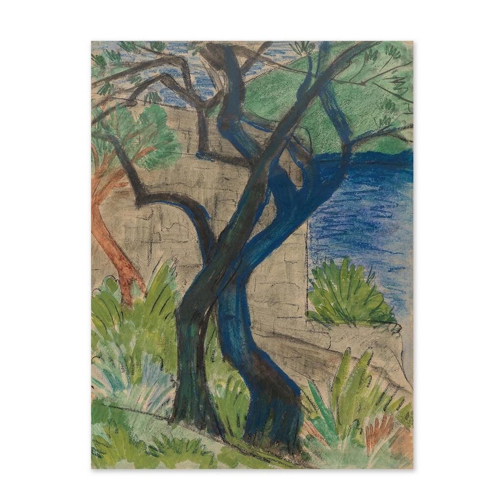 Flussufer mit blauem Baum or Landschaft am Ufer eines Flusses mit blauem Baum (verso); Weiblicher Akt (verso)