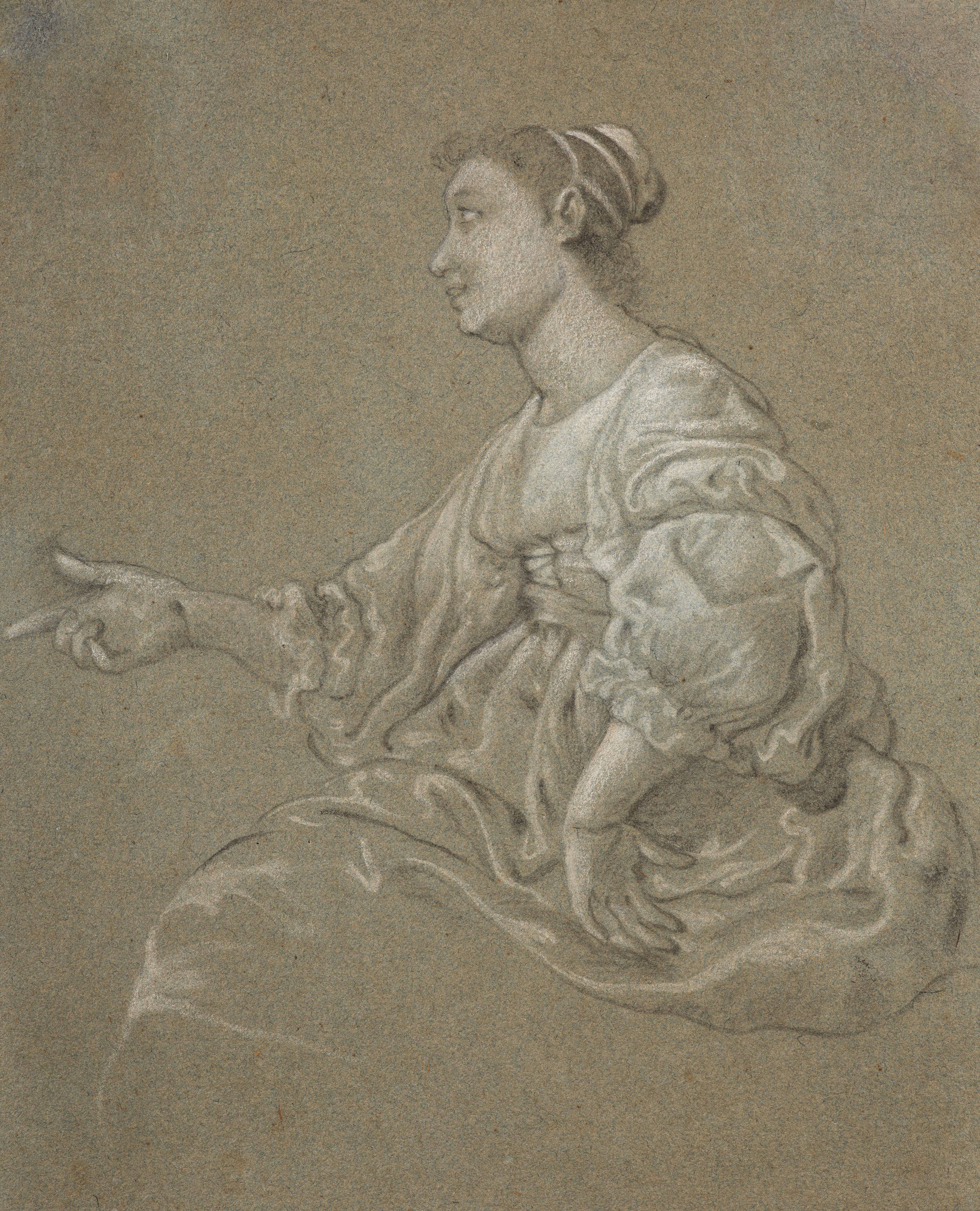 Femme assise le bras tendu, regardant vers la gauche