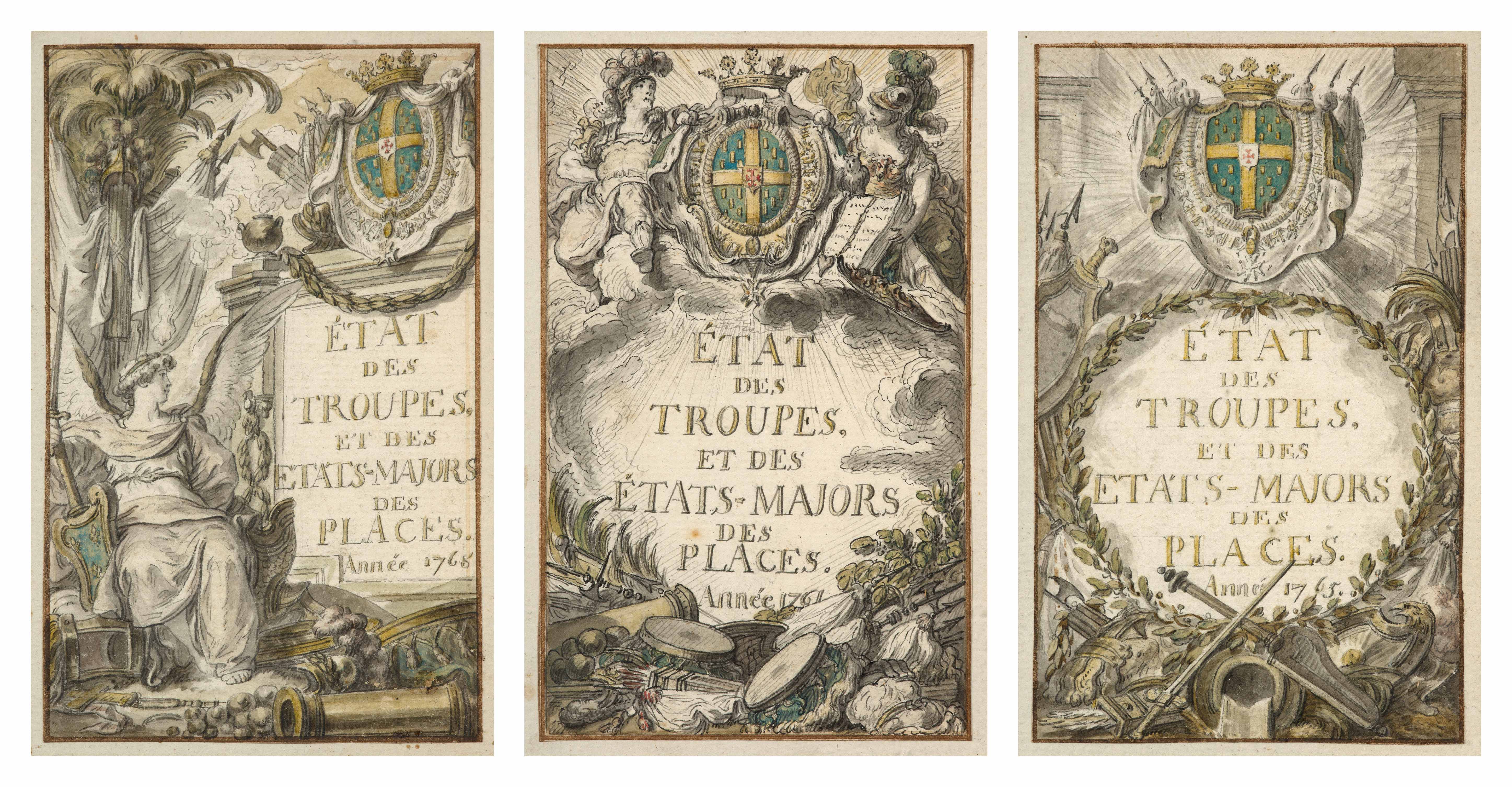 Trois études de frontispices pour l’« Etat des troupes et des Etats-majors des places », années 1761, 1765, 1768