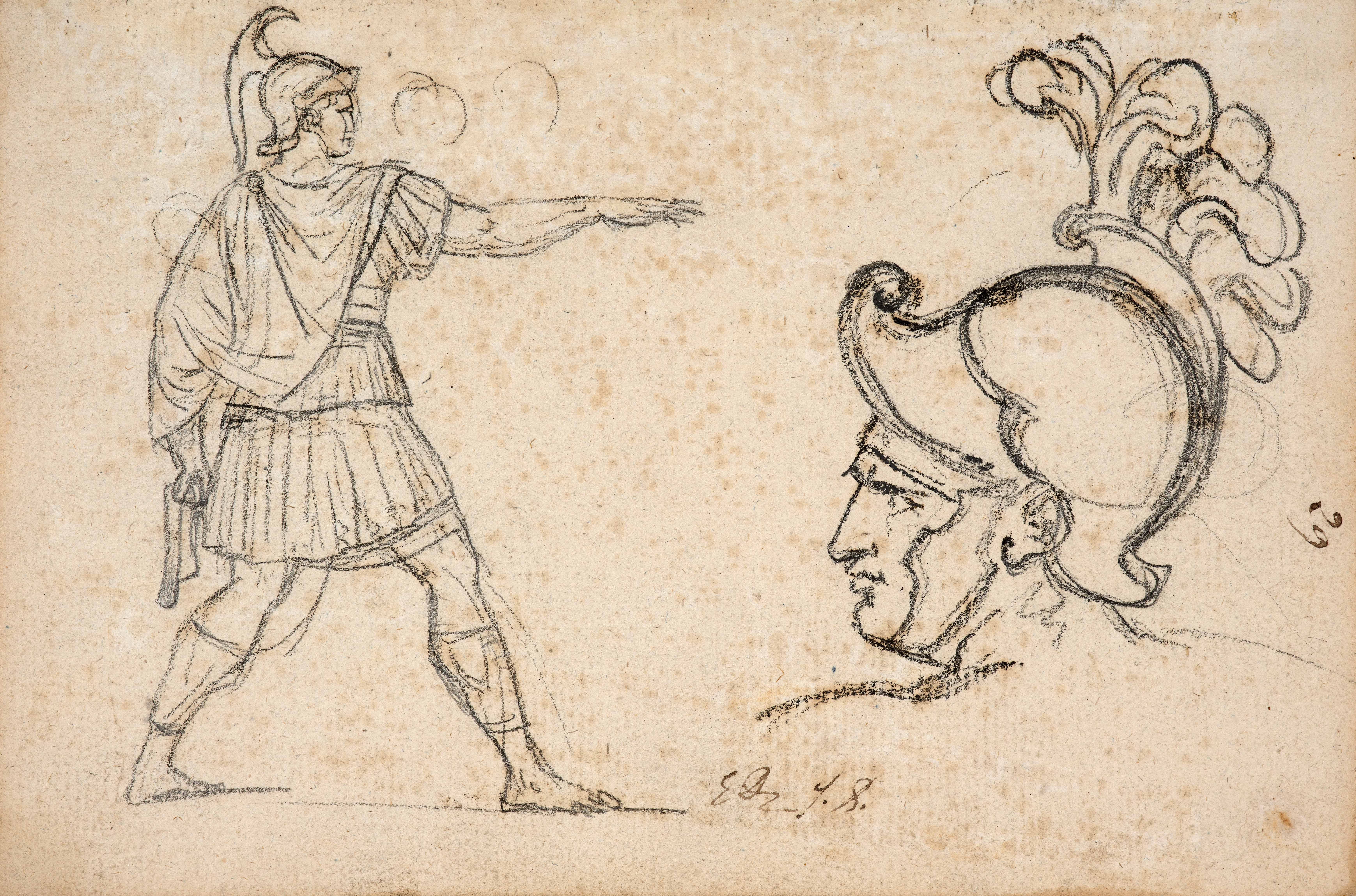 Etude pour 'Le Serment des Horaces' et tête d'homme casqué vers la gauche, feuillet du carnet n° 1, vers 1784
