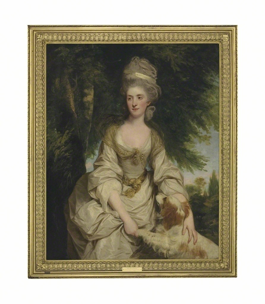 Joshua Reynolds, Portrait of Lucy Long, Mrs George Hardinge (d. 1820), three-quarter-length, in a white dress with a sheer brown scarf, a ribbon and pearls in her hair, with a spaniel, in a landscape