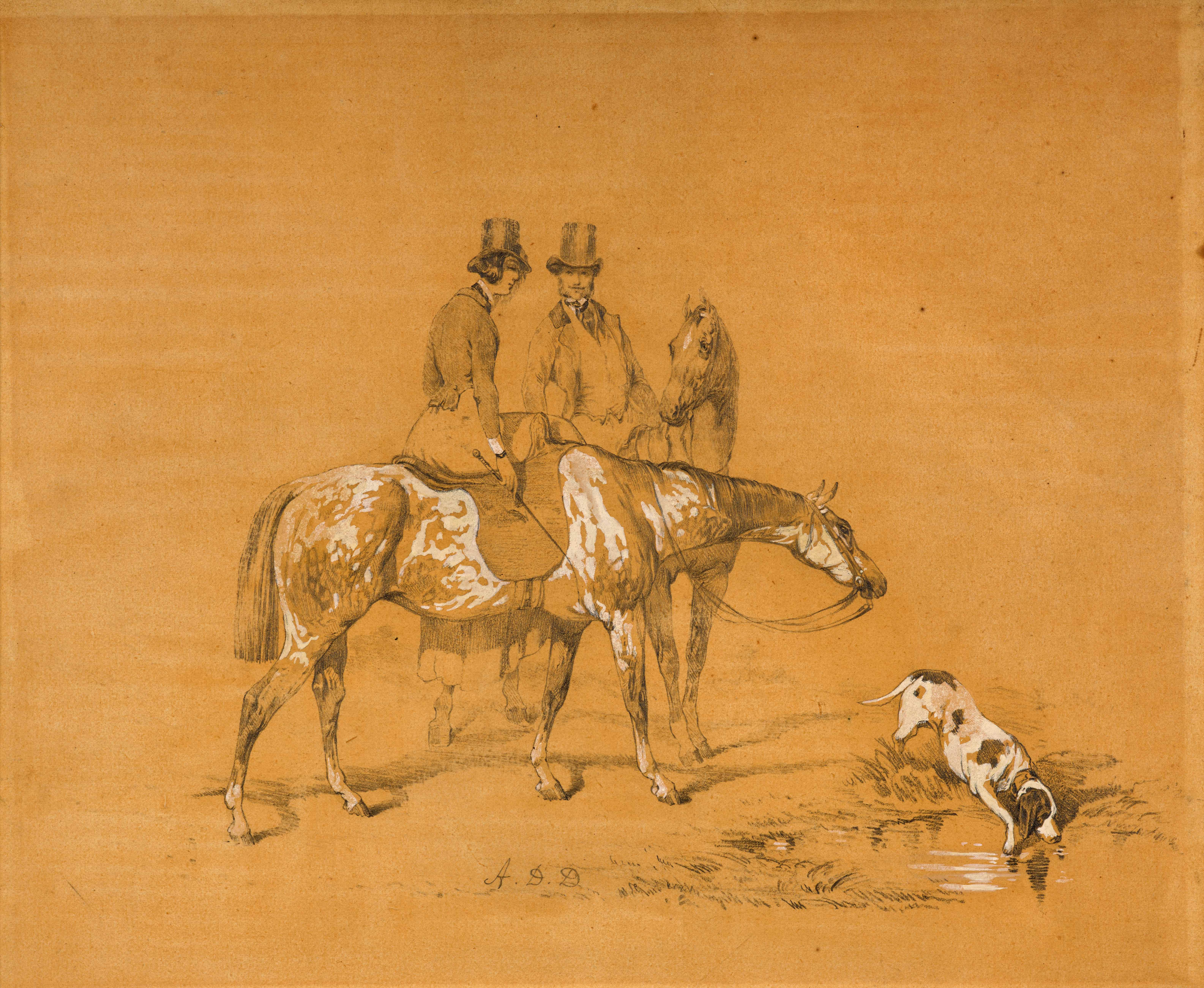 Cavalier et amazone au bord de la mare