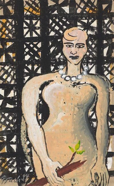 Woman with pearl necklace and branch