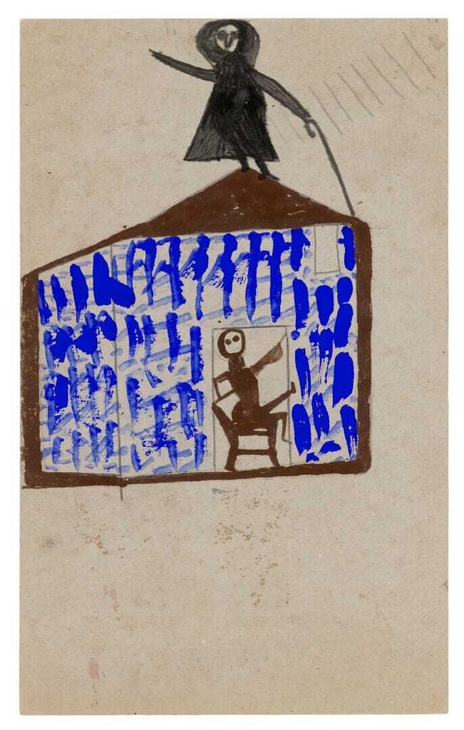 Bill Traylor, Untitled (Figures with Blue and Brown House)