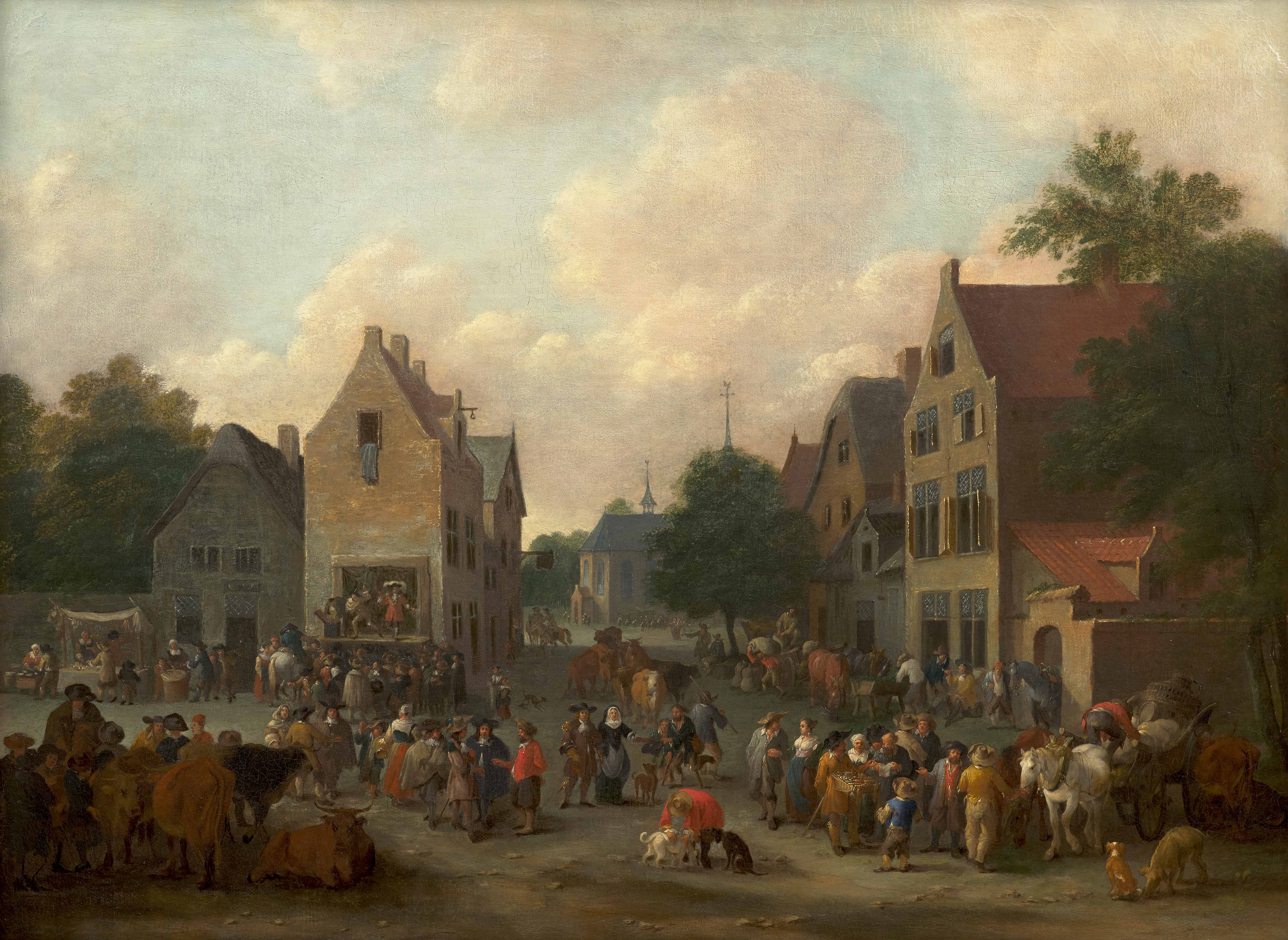 Marché animé dans un village avec une scène de Commedia Dell'arte