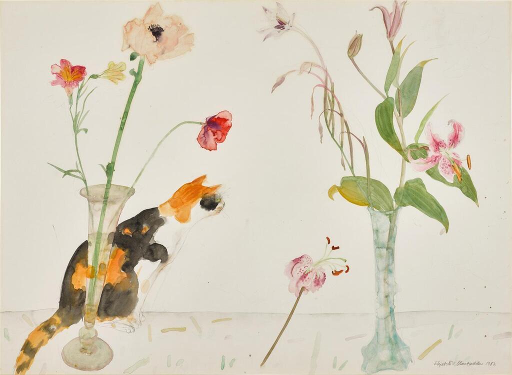 Tortoiseshell Cat and Flowers