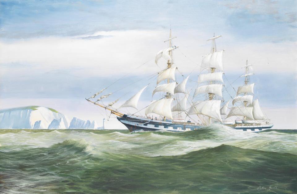 A three masted ship passing the Needles off the Isle of Wight