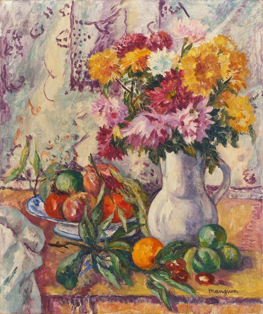 Chrysanthèmes et fruits