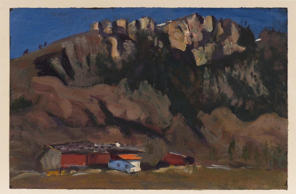 Berghof mit Felsgebirge (Mountain farm with rocky mountains)