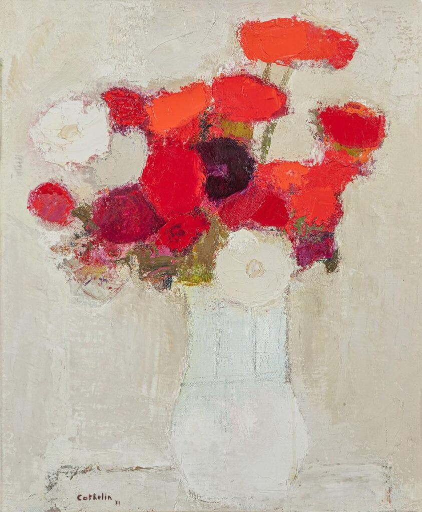 Bouquet rouge au pot blanc