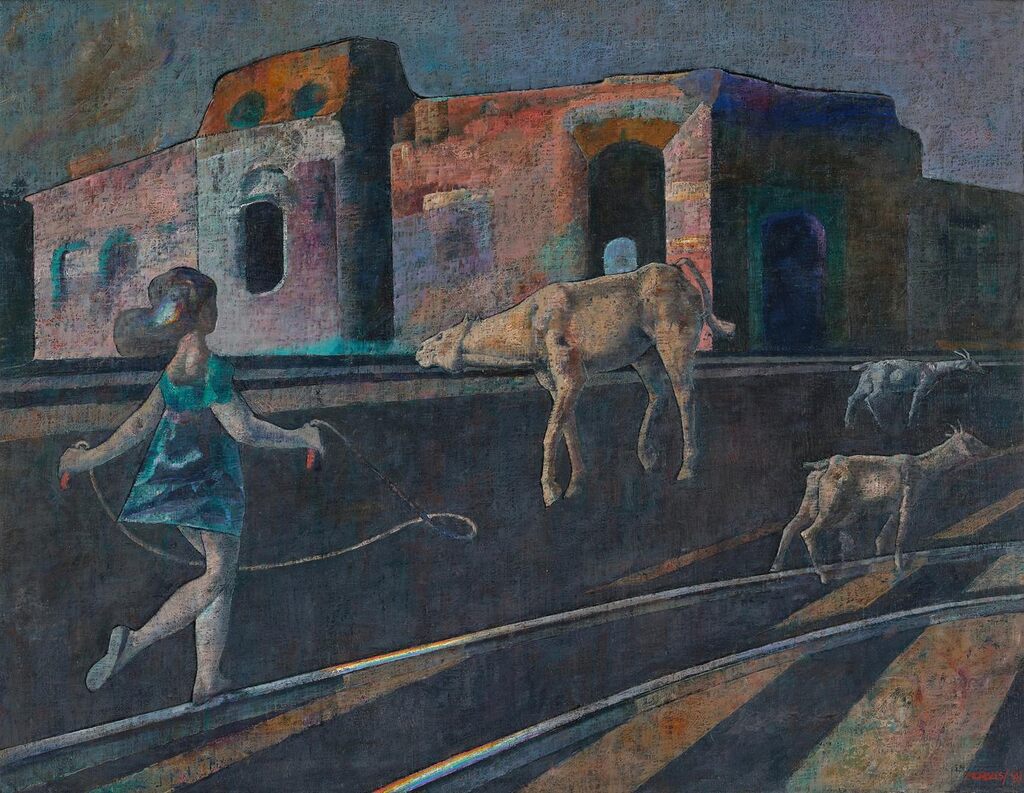 Niña saltando la cuerda, caballo, dos cabras