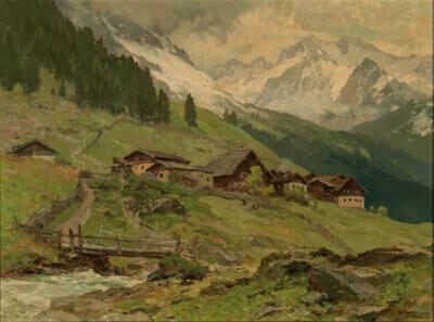 A view of the hamlet of Seduck in Neustift im Stubaital with the Kalkkögel, "Im Stubaital 1920"