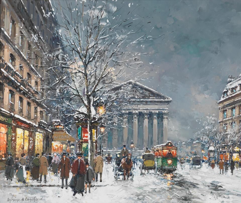 The church of The Madeleine on a snowy evening, Paris