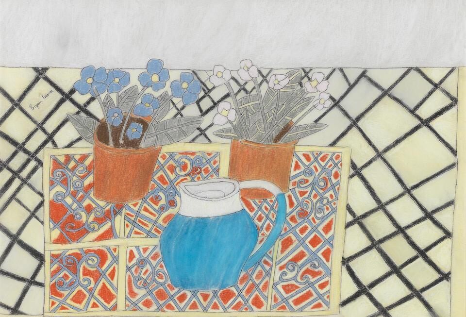 Blue Jug and Two Primula Pots