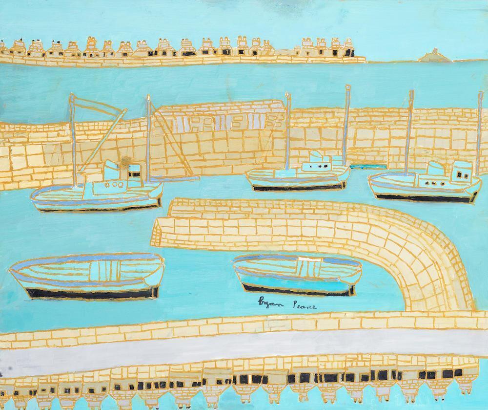 Newlyn Harbour with Five Blue Boats