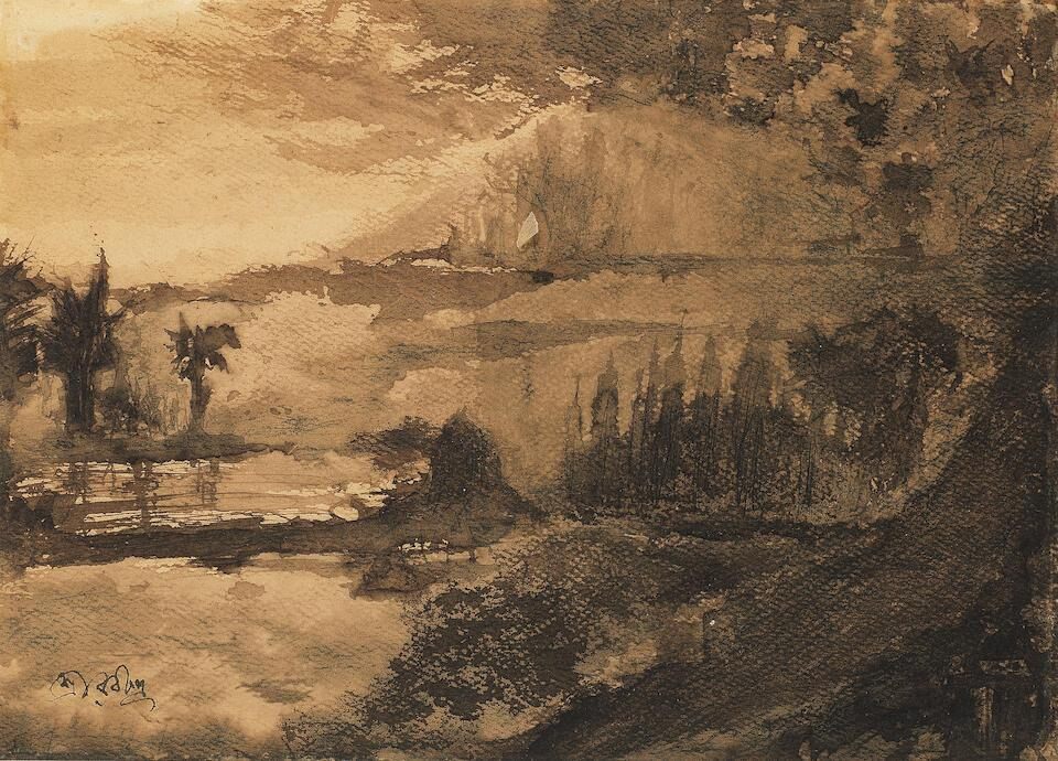 Untitled (Dark landscape with cliffs and tree)