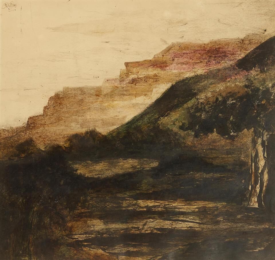Untitled (Dark landscape with cliffs and tree)