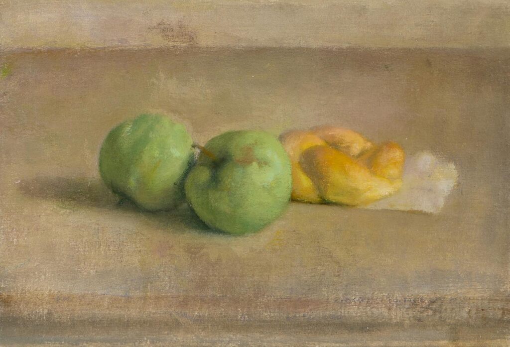 Still Life with Green Apples and Roll